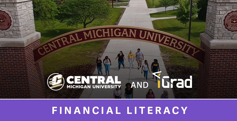 central michigan university college students walking through campus entrance with CMU logo and iGrad logo and the words "financial literacy" along the bottom